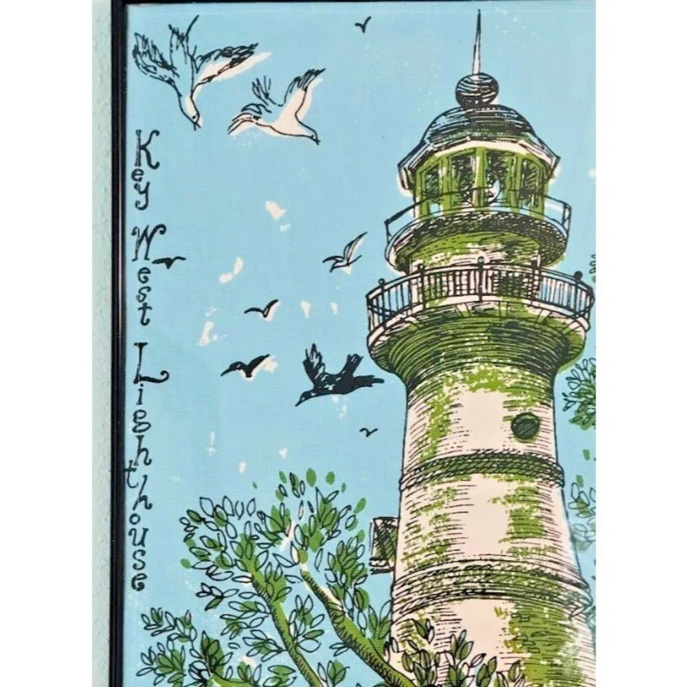 Framed Vtg Key West Fabrics Linen Tea Towel Lighthouse Tree Blue by Zuzek